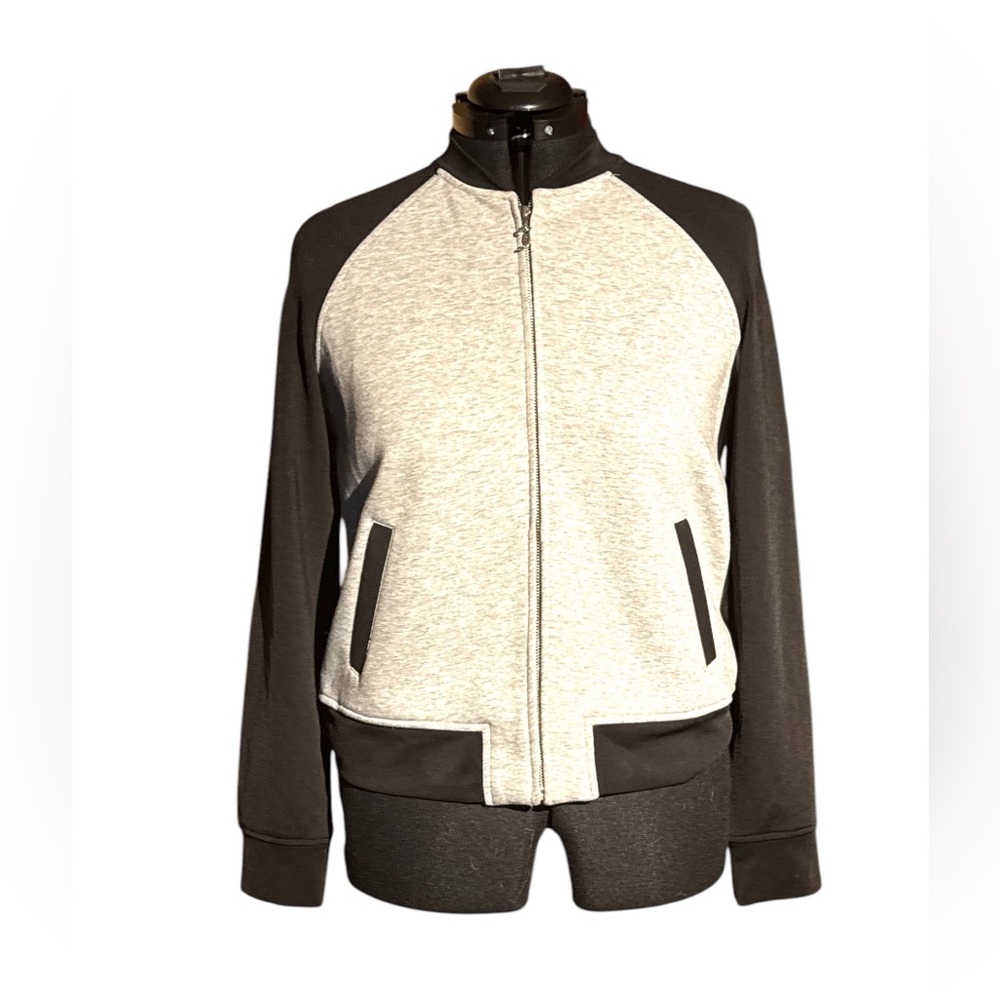 Juicy Couture Black and Gray Bomber Jacket with Stand-Up Collar - Size L
